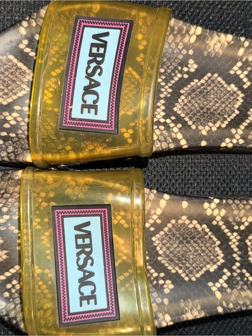 Versace Yellow Transparent Logo Slides with Snake-Print Footbed